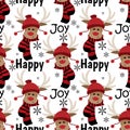 Cute reindeer in winter custom with HAPPY and JOY text seamless pattern.