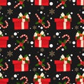 Christmas Elements With Candy Canes And Gift Box  Holly Leaves And Berries Ornate Seamless Pattern.
