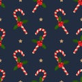 Christmas Elements With Candy Canes, Holly Leaves And Berries Ornate Seamless Pattern.