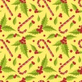 Christmas Holiday Season Seamless Pattern With Candy Canes, Holly Leaves And Berries Ornate.