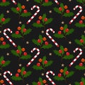 Christmas Elements With Candy Canes, Star, Holly Leaves And Berries Ornate Seamless Pattern On Black Background.