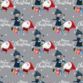 Santa Claus with Cute girl, gift box and Merry Christmas text seamless pattern on gray background. Royalty Free Stock Photo