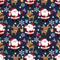 Christmas holiday season seamless pattern with Santa Claus, reindeer, snowflake and gift box. Royalty Free Stock Photo