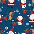 Santa Claus, snowman, snowflakes ,gift box and reindeer seamless pattern. Royalty Free Stock Photo