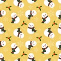 Snowman, holly berries and snowflake seamless pattern. .