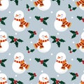 Snowman, holly berries and star seamless pattern.