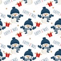 Snowman in winter custom with star, gift box and HAPPY X`MAS text seamless pattern.