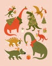 Christmas holiday set with festive dinos. Dinosaurs in Santa hat decorates Christmas tree garland lights. Vector cute Royalty Free Stock Photo