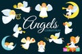 Christmas holiday set of flying angel with wings and gifts box or stars, moon like symbol in Christian religion new year