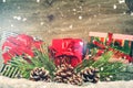 Christmas holiday setting with presents in boxes. Christmas back Royalty Free Stock Photo