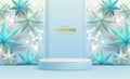 Christmas holiday showcase background with 3d podium, Christmas stars and electric lamps.