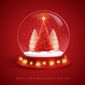 Christmas holiday snow globe with realistic 3D plastic Christmas trees. Merry Christmas and Happy new Year background. Royalty Free Stock Photo