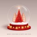 Christmas holiday snow globe with realistic 3D plastic Christmas trees. Merry Christmas and Happy new Year background. Royalty Free Stock Photo