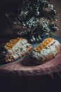Christmas holiday stollen. National German pastry. Beautiful decoration. Festive dish. Royalty Free Stock Photo