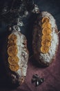 Christmas holiday stollen. National German pastry. Beautiful decoration. Festive dish. Royalty Free Stock Photo