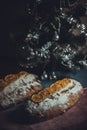 Christmas holiday stollen. National German pastry. Beautiful decoration. Festive dish. Royalty Free Stock Photo