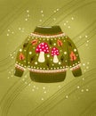 Christmas holiday sweater with cute mushrooms and leaves. Colorful winter festive illustration