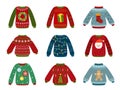 Christmas holiday sweater. Ugly sweaters, xmas jumper. Flat winter warm clothes with festive elements. Isolated new year