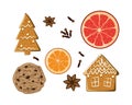 Christmas holiday sweets set. American cookie, figure gingerbread,grapefruit, carnation and anise star isolated on white