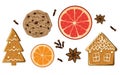 Christmas holiday sweets set. American cookie, figure gingerbread,grapefruit, carnation and anise star isolated.