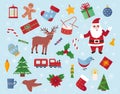 Christmas holiday toys, gift icons. Drum and xmas tree, train and deer, bird and snowflakes, gingerbread and mistletoe Royalty Free Stock Photo