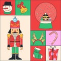 Christmas holiday traditional elements with geometric seamless pattern. Vector illustration. Funny Nutcracker. Modern