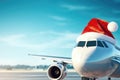 Christmas holiday travel, New year trip, vacation, delivery concept. Plane wearing Santa Claus ready for flight Royalty Free Stock Photo