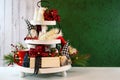 Christmas holiday on-trend Farmhouse aesthetic three tiered tray decor. Royalty Free Stock Photo