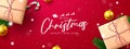 Christmas holiday vector background design. Merry christmas greeting text in red pattern decoration with gifts, xmas balls. Royalty Free Stock Photo