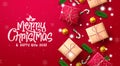 Christmas holiday vector background design. Merry christmas text with gifts, candy cane and xmas balls in red pattern background. Royalty Free Stock Photo