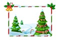 Christmas holiday vector frame, New Year winter background, forest view, decorated x-mas tree.