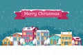 Christmas holiday vector greeting card with winter cityscape in snow