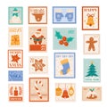 Christmas holiday vector postage stamps, postcard design elements, winter letter post, santa, snowflakes, xmas tree Royalty Free Stock Photo