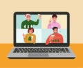 Christmas holiday. Video conference of different people with wine glasses. Laptop on the desk. Vector flat cartoon style