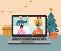 Christmas holiday. Video conference of different people with wine glasses. Laptop on the desk. Vector flat cartoon style