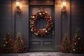 Christmas holiday wreath hanging on a door, adorned with shimmering ornaments and twinkling lights