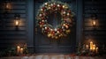 Christmas holiday wreath hanging on a door, adorned with shimmering ornaments and twinkling lights