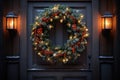 Christmas holiday wreath hanging on a door, adorned with shimmering ornaments and twinkling lights