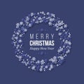 Christmas holiday wreath with paper cut style snowflakes. Dark blue background with greeting text, vector illustration. Royalty Free Stock Photo