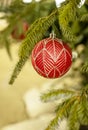 Christmas Holidays Background, bright red ball ornament. Christmas lights. Christmas post card. Royalty Free Stock Photo
