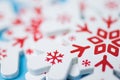 Christmas holidays background with copy space. New Year pattern snowflake close-up with blurry backdrop