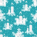 Christmas holidays candles, berries, holly seamless vector pattern. Frosty blue white snowflake textured background with Royalty Free Stock Photo