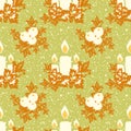 Christmas holidays candles, berries, holly seamless vector pattern. Frosty green orange snowflake textured background Royalty Free Stock Photo