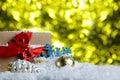 Christmas holidays composition with Christmas on abstract yellow background