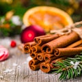 Christmas Holidays Composition Cinnamon and Christmas Decoration