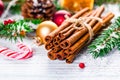 Christmas Holidays Composition Cinnamon and Christmas Decoration