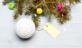 Christmas holidays concept. Everything you need to decorate christmas tree. Decorative ball toy and gift tag copy space Royalty Free Stock Photo