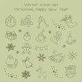 Christmas holidays icon set. Classic hand-drawn New Year elements, vintage style. Royalty Free Stock Photo