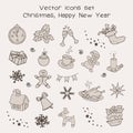 Christmas holidays icon set. Classic hand-drawn New Year elements, vintage style. Royalty Free Stock Photo