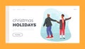 Christmas Holidays Landing Page Template. Male and Female Characters Skating on Ice Rink at Wintertime, Illustration Royalty Free Stock Photo